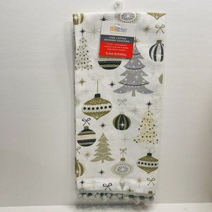 Christmas Kitchen Towel Dishtowel 20x30" Cotton Gold Silver Trees Ornament Trim